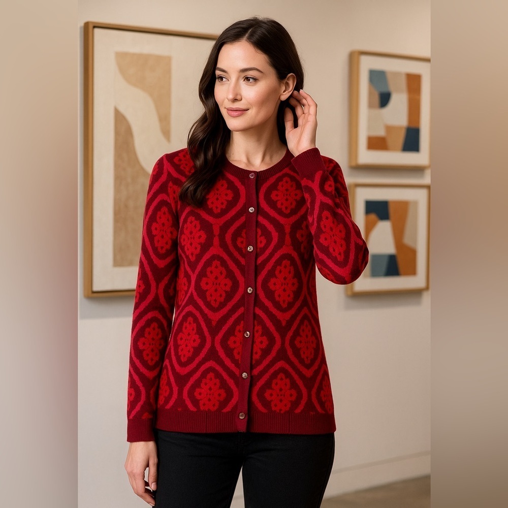 Red Medallion Jacquard Statement Holiday Knit Cardigan Sweater EUC L #653